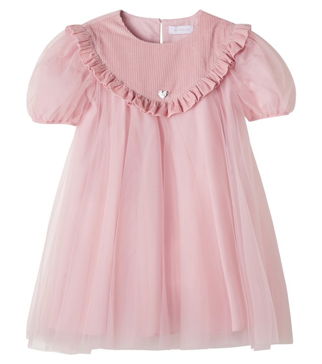 Corduroy-trimmed ruffled tulle dress | Monnalisa